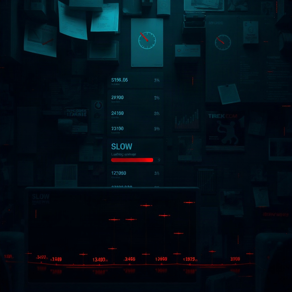 abstract visualization of a slow cluttered website with loading spinners and red warning indicators,