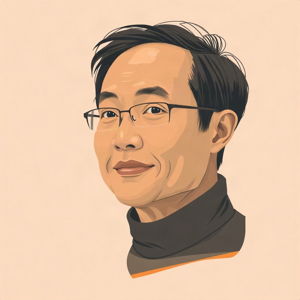 warm minimalist illustration portrait of a mature asian male stone material consultant