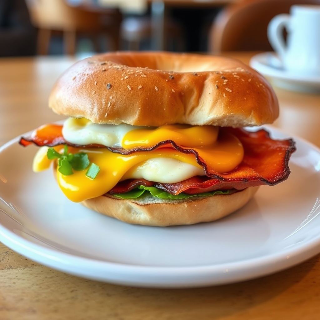 breakfast sandwich with egg cheese and bacon on a toasted bagel, artisan cafe food
