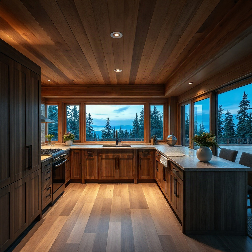 custom wooden kitchen at dusk