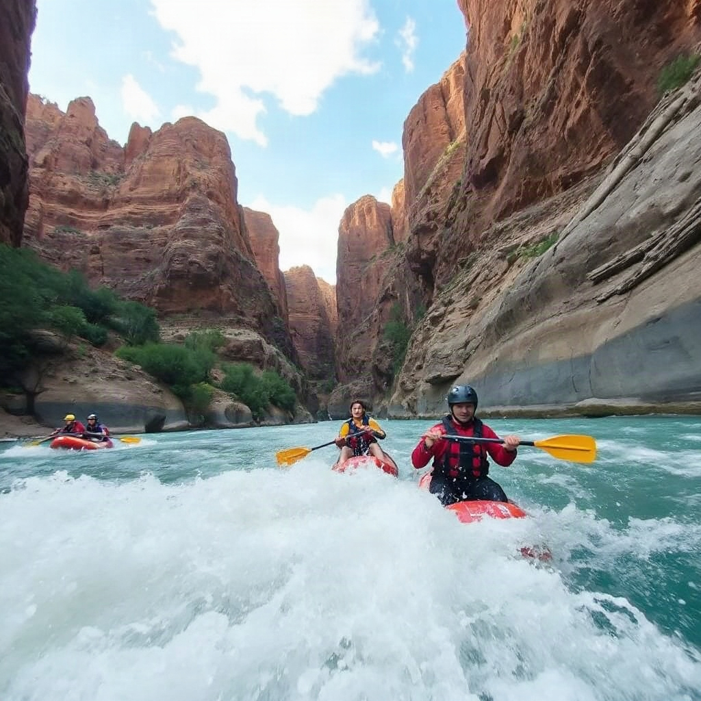 white water rafting through a canyon river, action shot