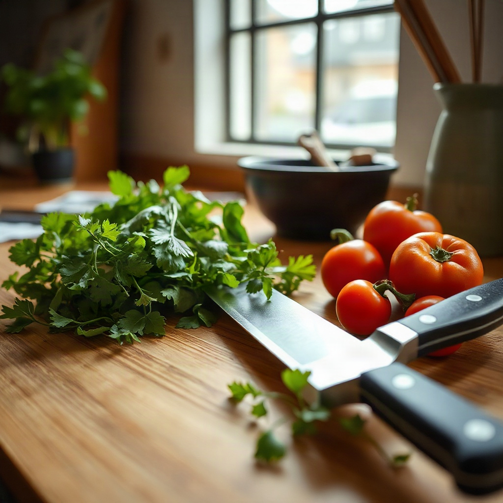 Close-up lifestyle photograph of a Japanese-style chef knife resting beside fresh herbs and vegetabl