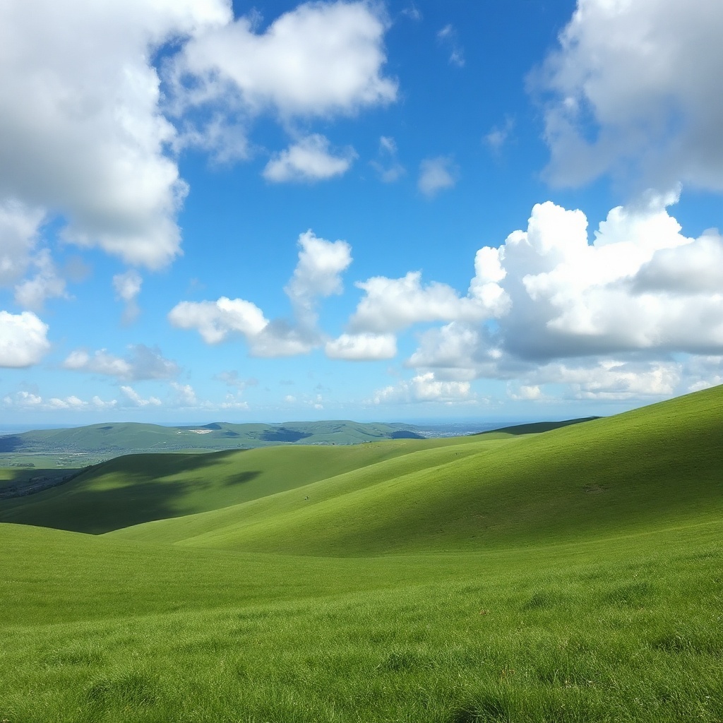 serene landscape with rolling green hills and a bright blue sky with fluffy white clouds, peaceful a