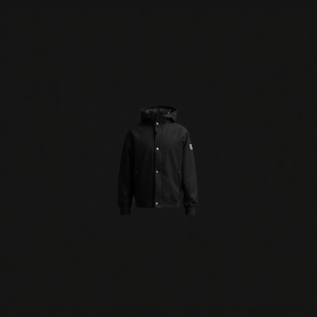 black minimal jacket product shot, dark background, clean editorial fashion photography, monochrome 