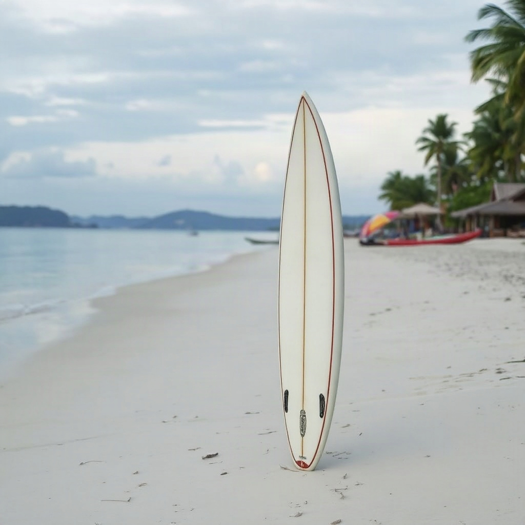 surfboard standing in the sand at a quiet beach