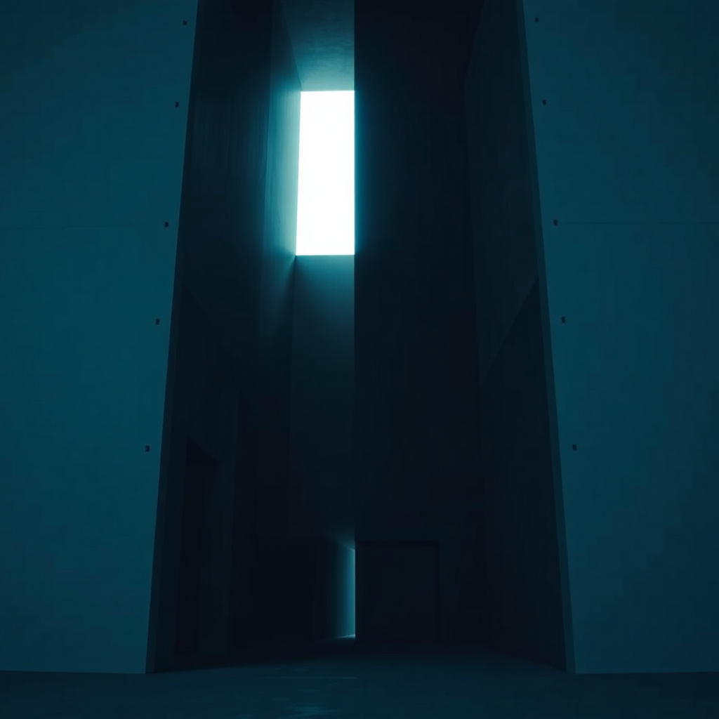 abstract architectural geometry, cold vast light, cinematic editorial photography, muted blue-grey t