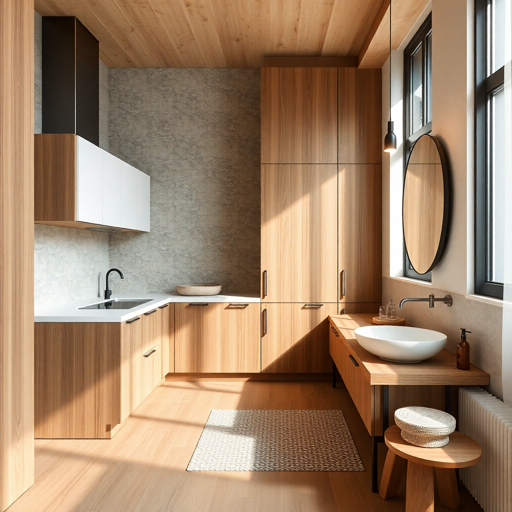 beautiful modern kitchen bathroom renovation interior design natural wood stone warm tones Poland ap
