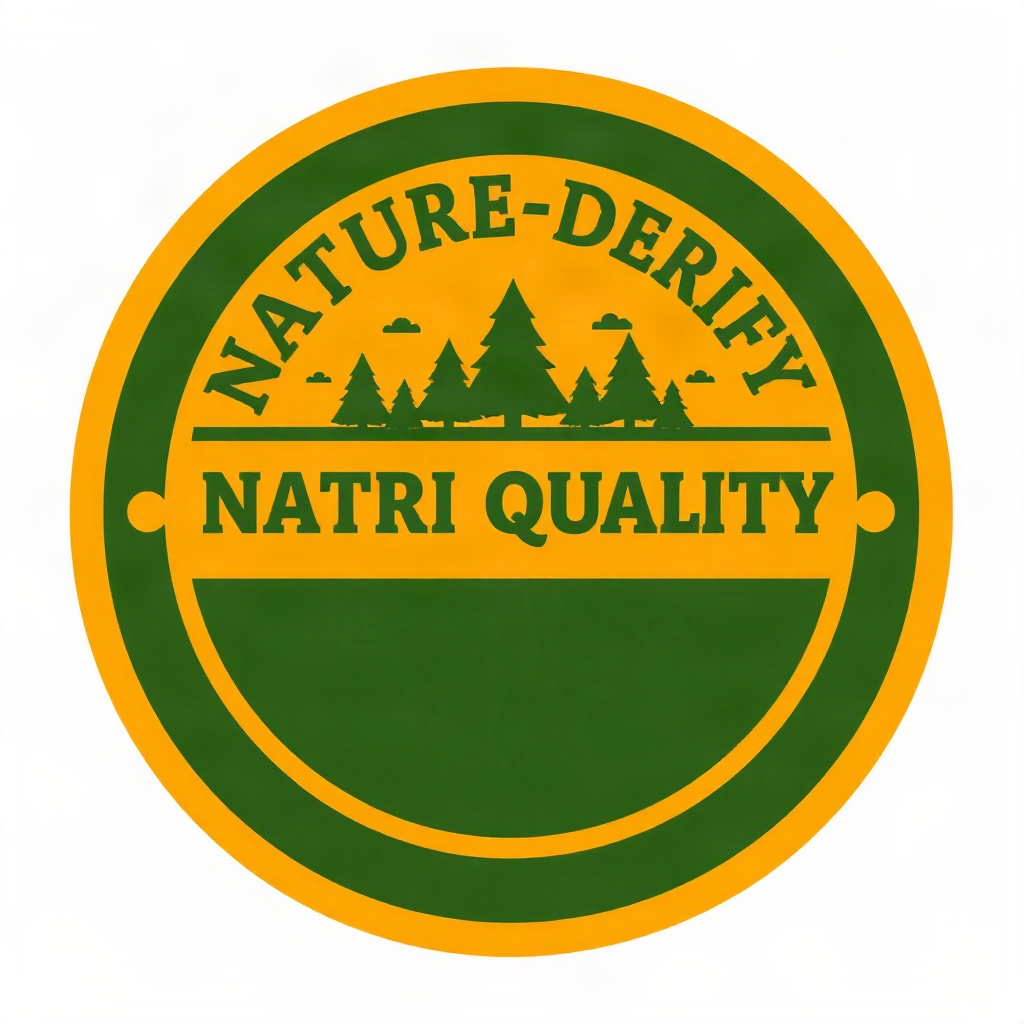 Nature-derived quality seal badge, circular emblem, forest green and amber color scheme, flat vector