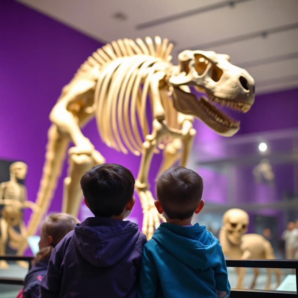 kids looking at dinosaur skeleton in a museum, educational school trip, vibrant purple background