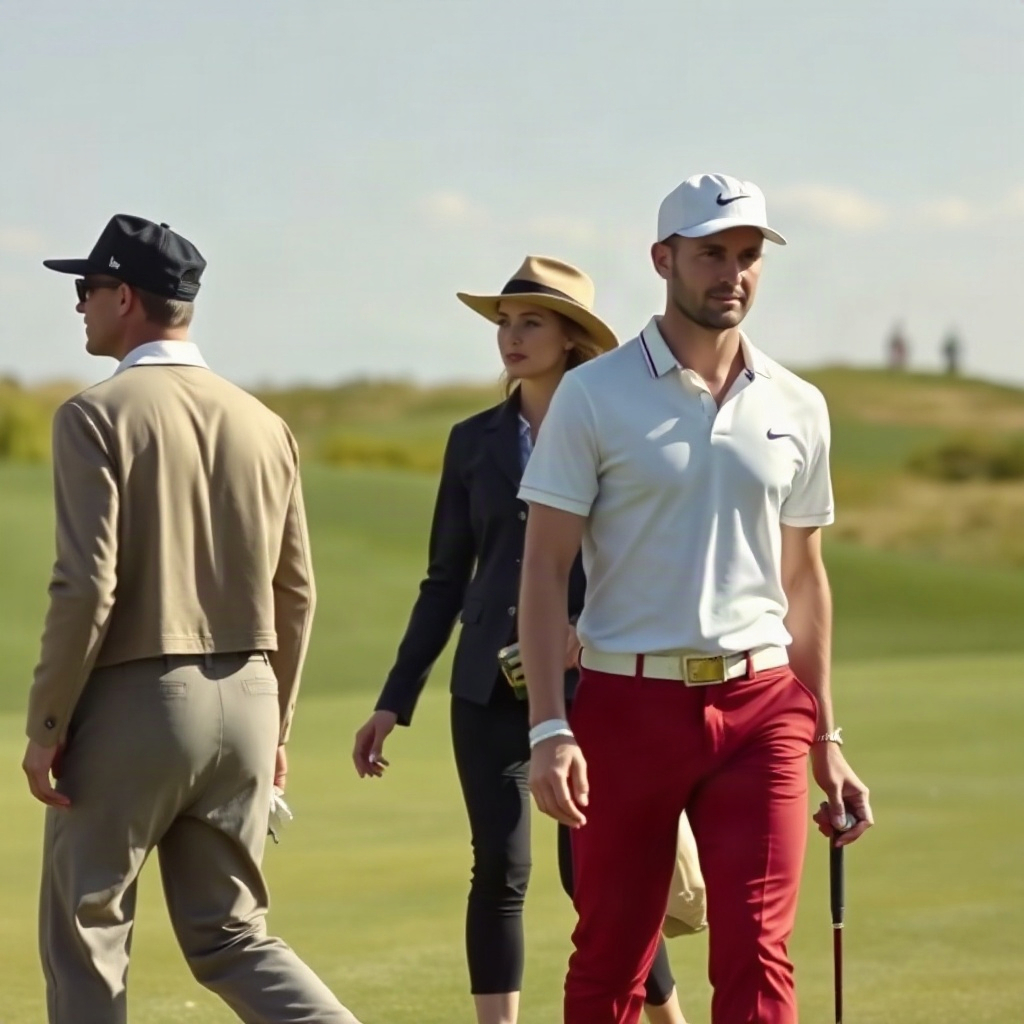 elegant golfers in classic attire walking on a green, candid editorial style