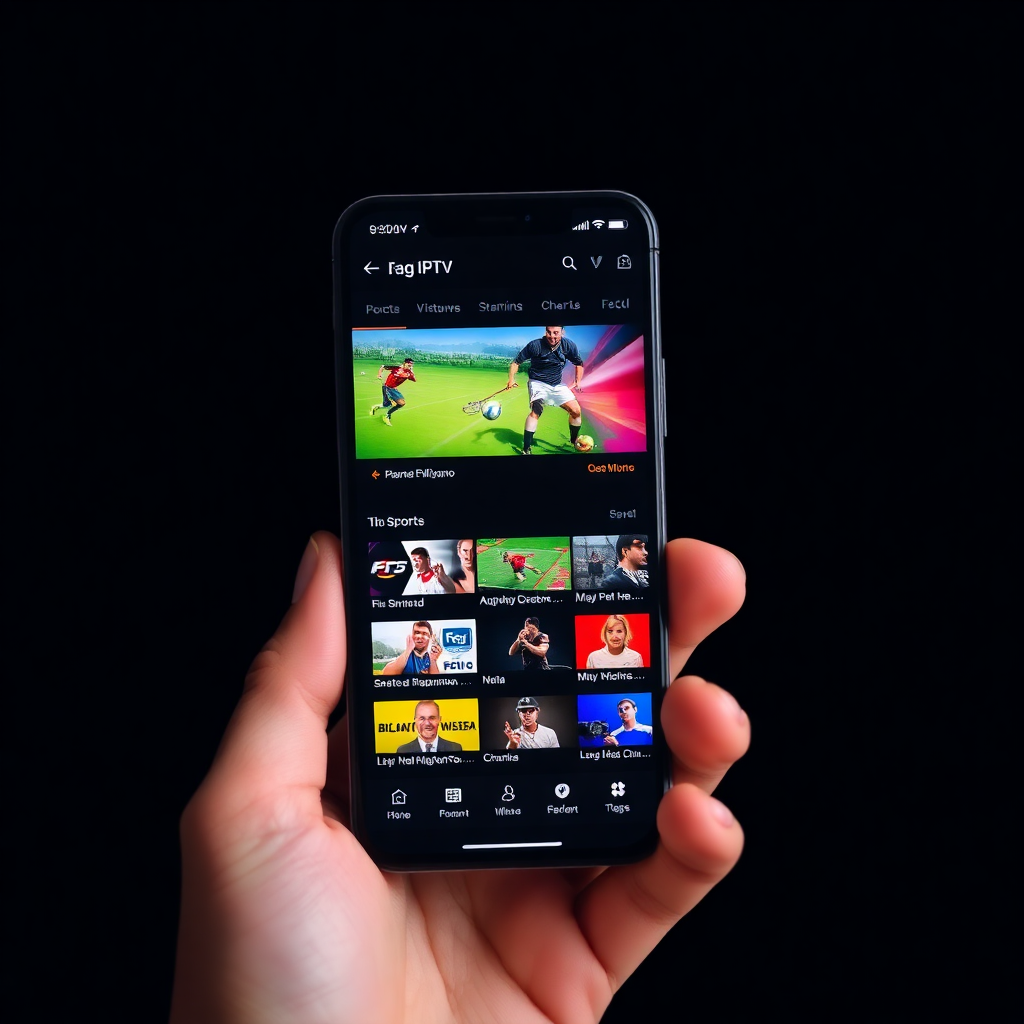 smartphone screen showing IPTV streaming app with dark UI, sports channel list, dark background, viv