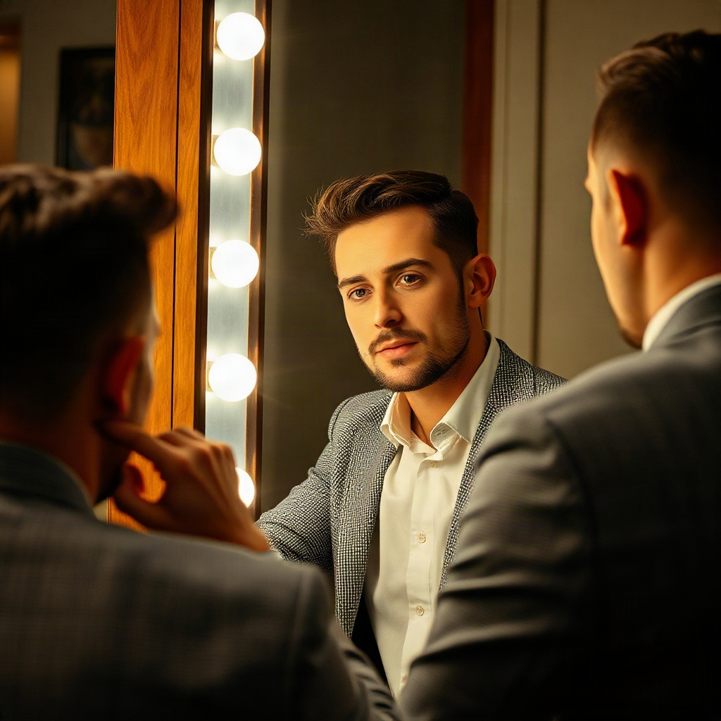 man getting ready for work, looking confident in the mirror, luxury lifestyle, pagi lighting