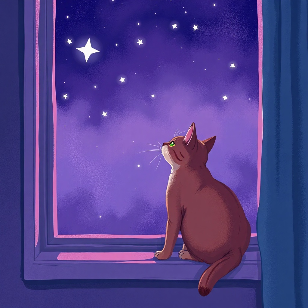 illustration of a cat sitting on a windowsill looking at the stars, cozy night aesthetic, purple and