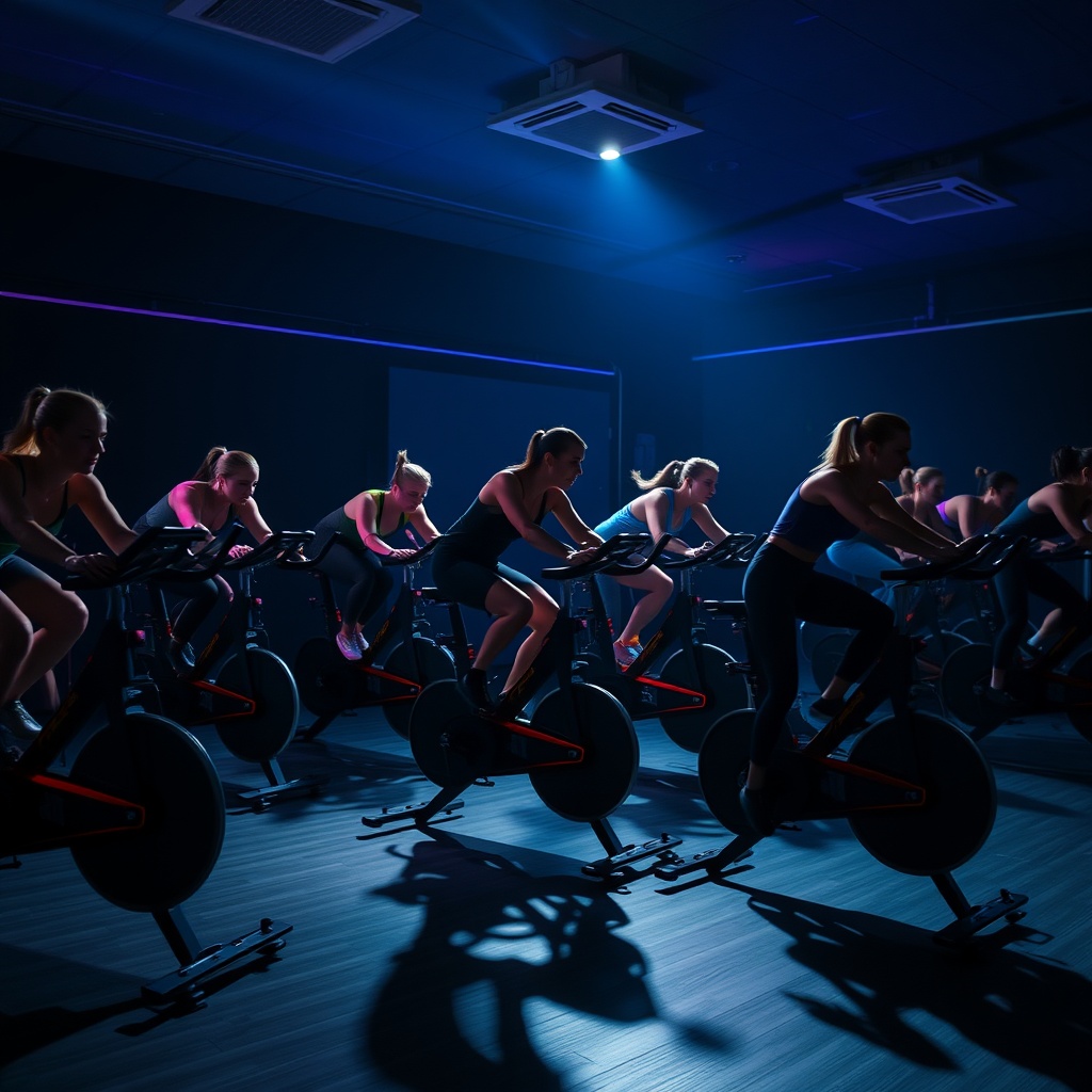 spinning cycle class in dark room with colored lights, group fitness, energy and motion, sports phot
