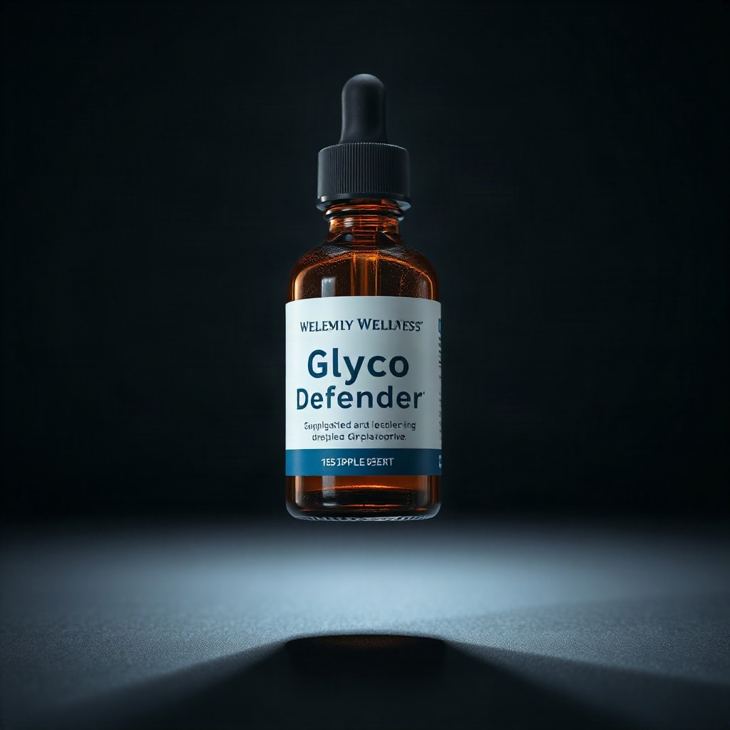 Amber glass dropper bottle of Glyco Defender Drops floating with soft glow, dark studio background