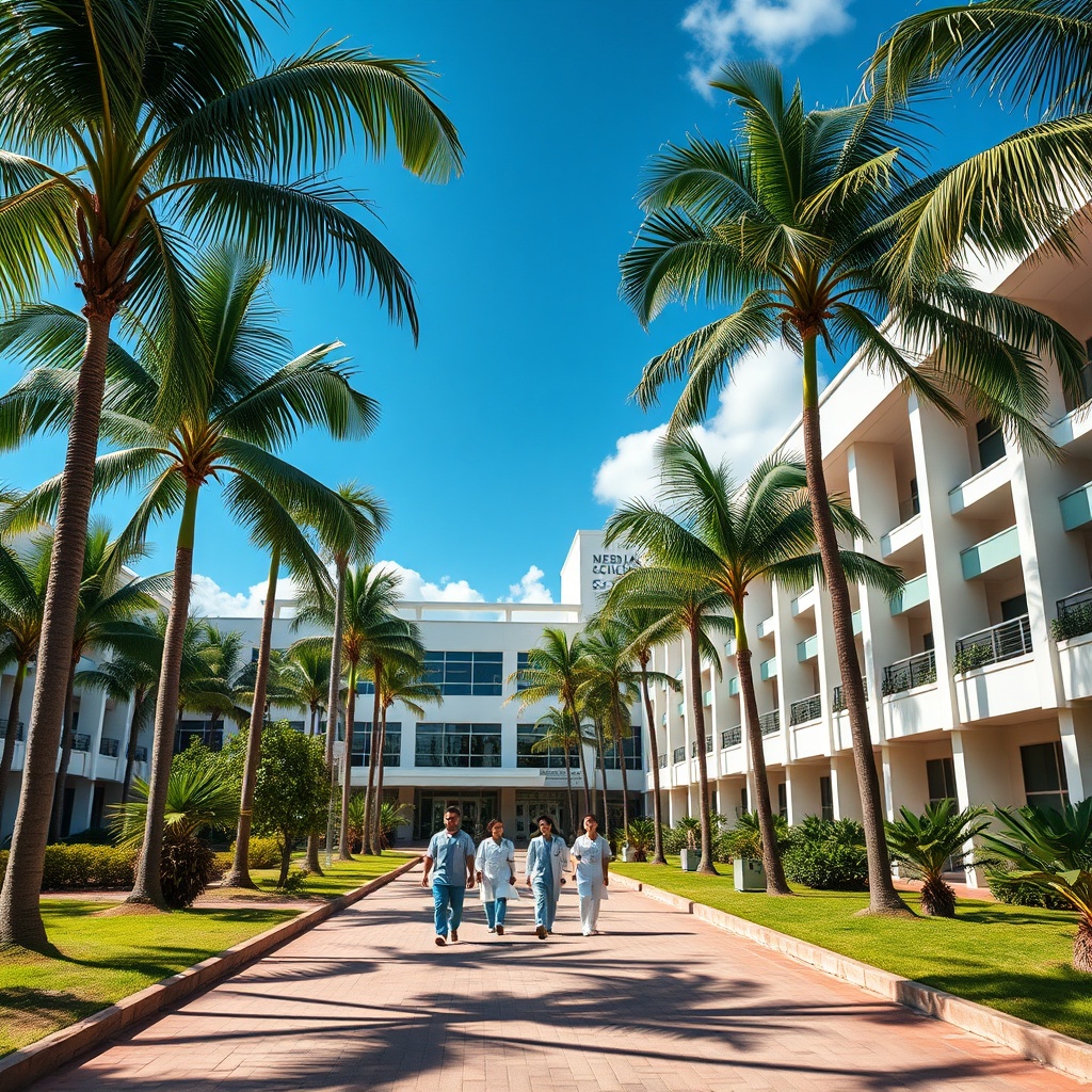 cinematic wide shot of a beautiful tropical Caribbean university campus with palm trees and modern buildings