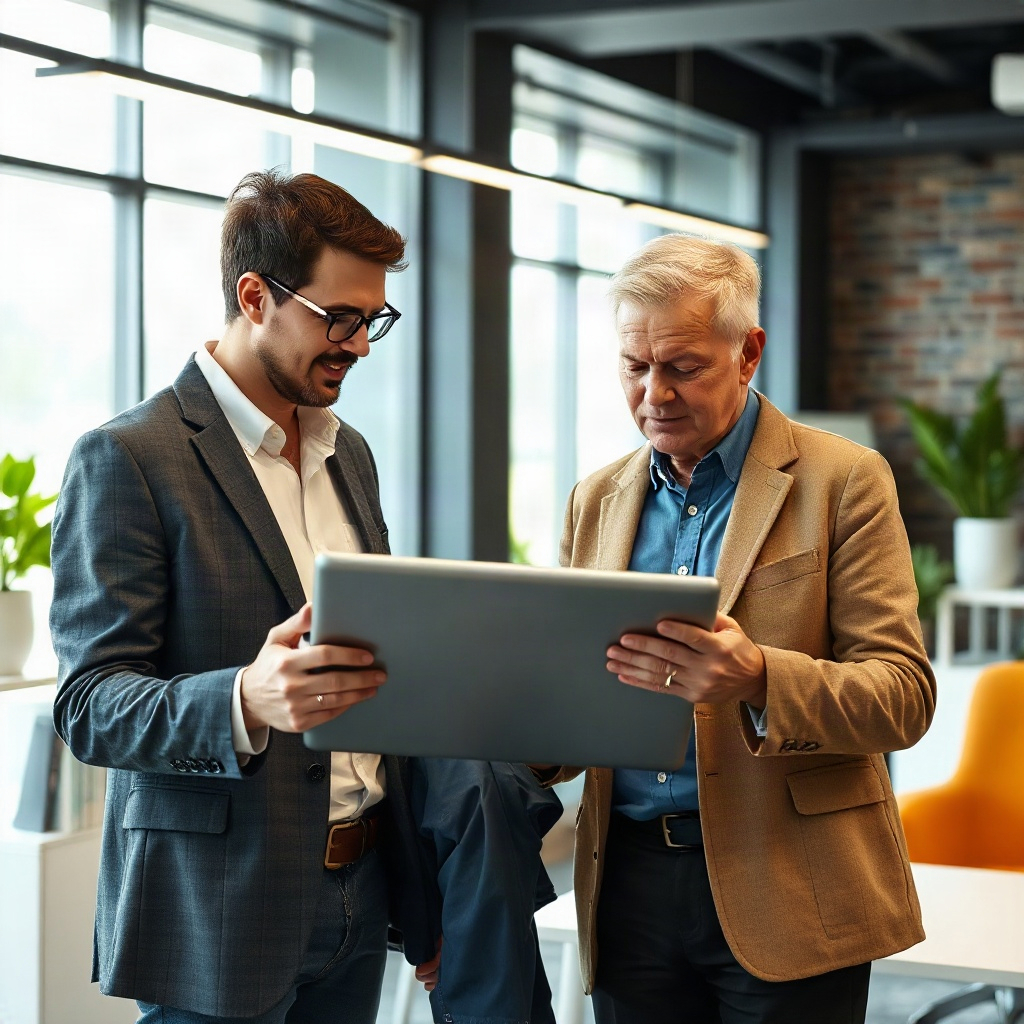 two people discussing over a large tablet in a bright office space, collaboration vibes