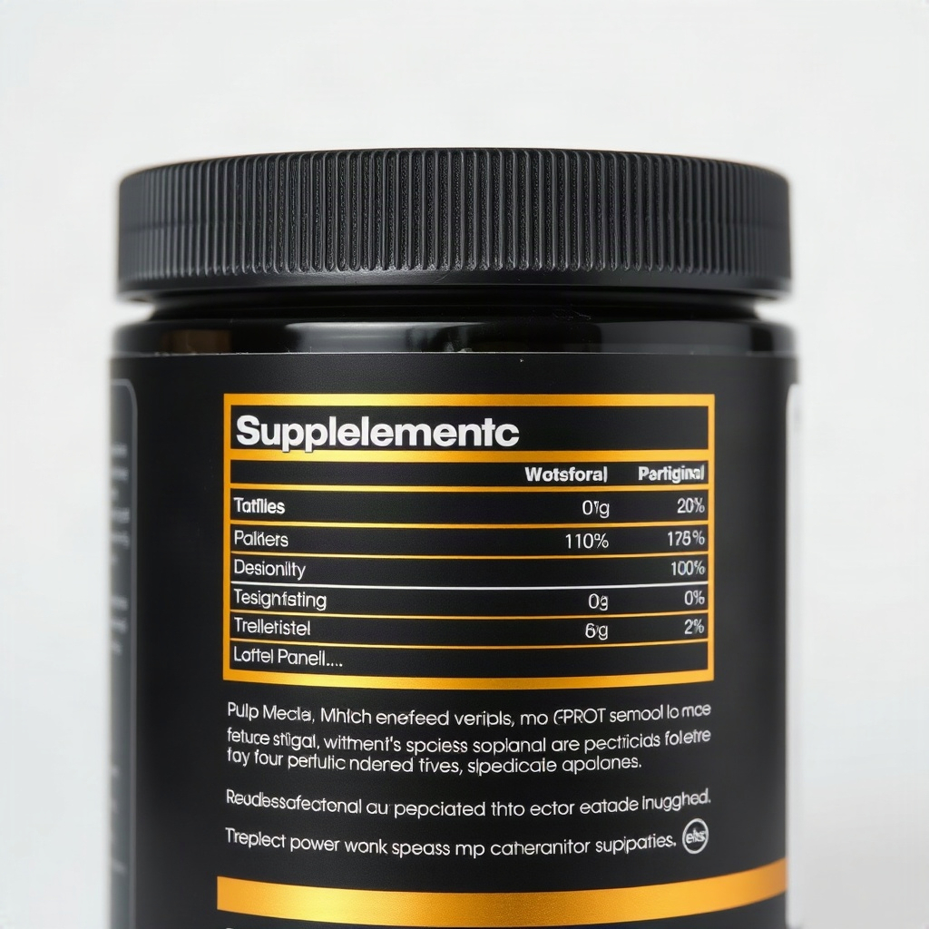 close-up of a supplement bottle label with clean typography showing supplement facts panel, charcoal