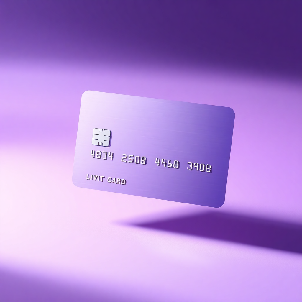 Stylized metallic lavender debit card floating over abstract soft purple gradient, premium fintech p