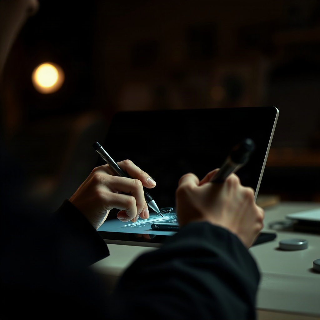 abstract cinematic video frame of a creative process, hands sketching on a tablet