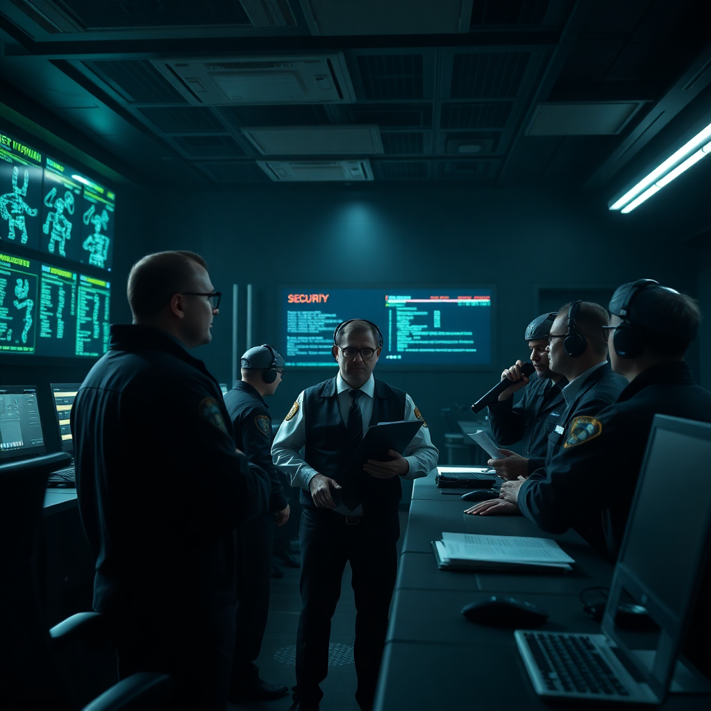professional security team briefing in modern command center, dark moody lighting, cinematic style