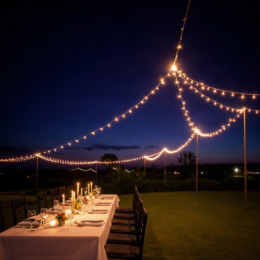 long table set for an elegant outdoor dinner on a golf course at night, fairy lights