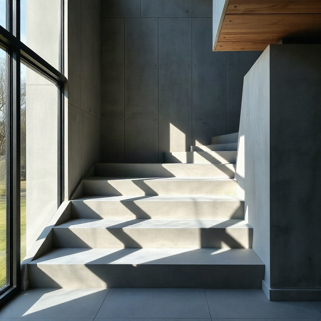 modern concrete staircase in minimal house, dramatic shadows, architectural detail