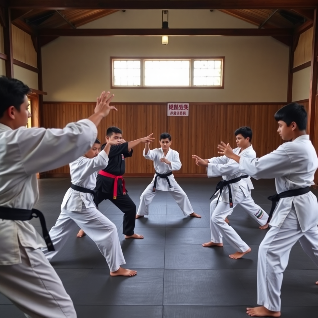 group of martial arts students training in traditional dojo, diverse ages, Gujarat India, profession