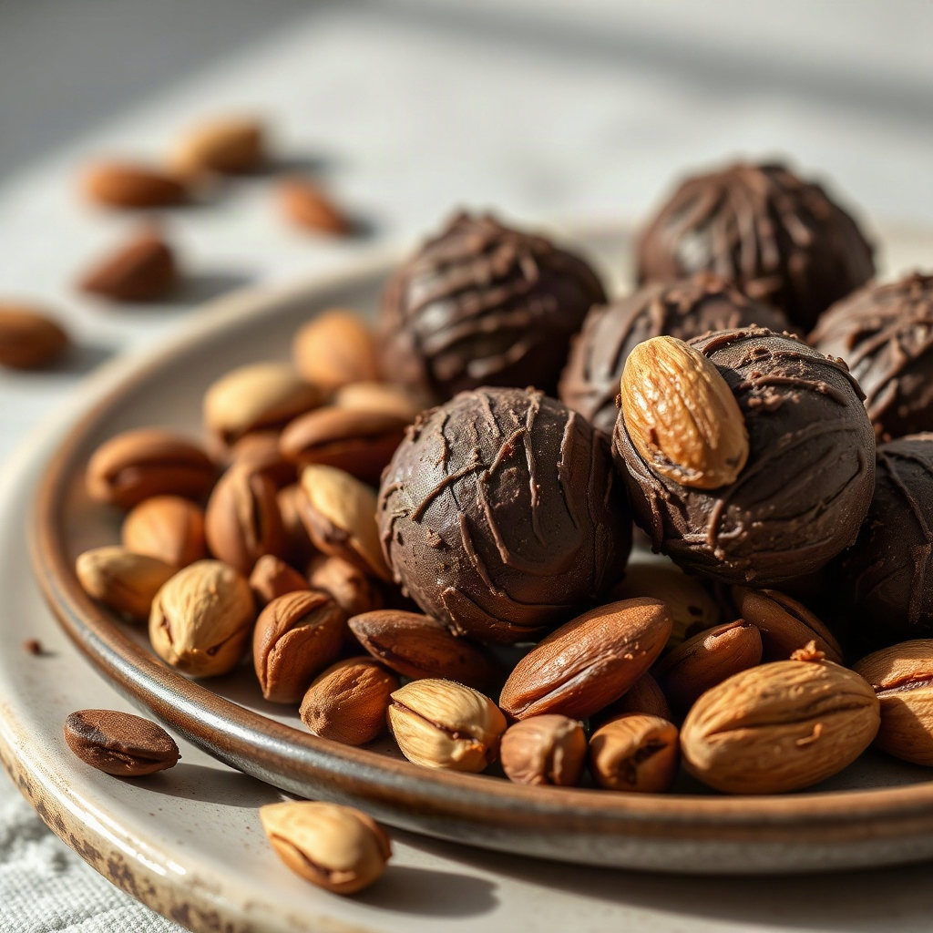 Roasted pistachios, almonds and dark chocolate truffles on a ceramic plate