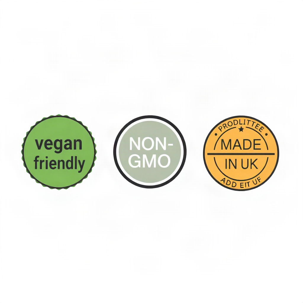 A simple flat badge graphic row showing three minimal certification-style seals: vegan-friendly, non