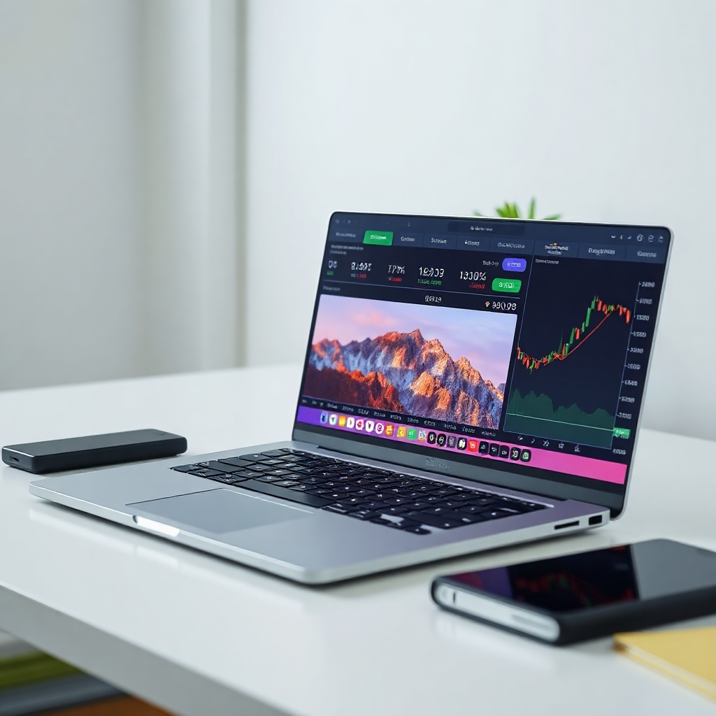 a clean desk with a high-end laptop showing financial charts, minimal aesthetic, neutral colors