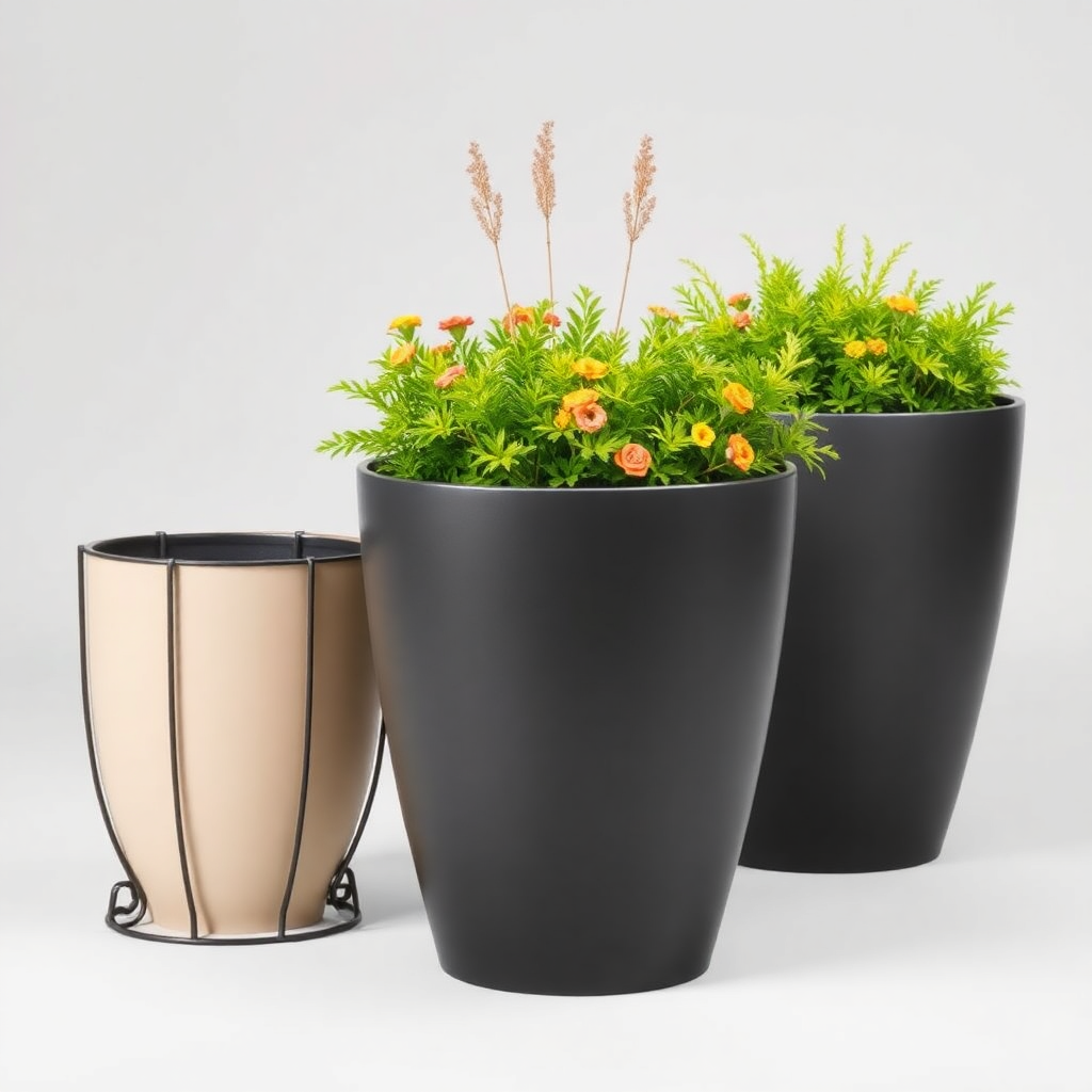 precision powder-coated steel outdoor planters and garden metal accessories, technical product photo