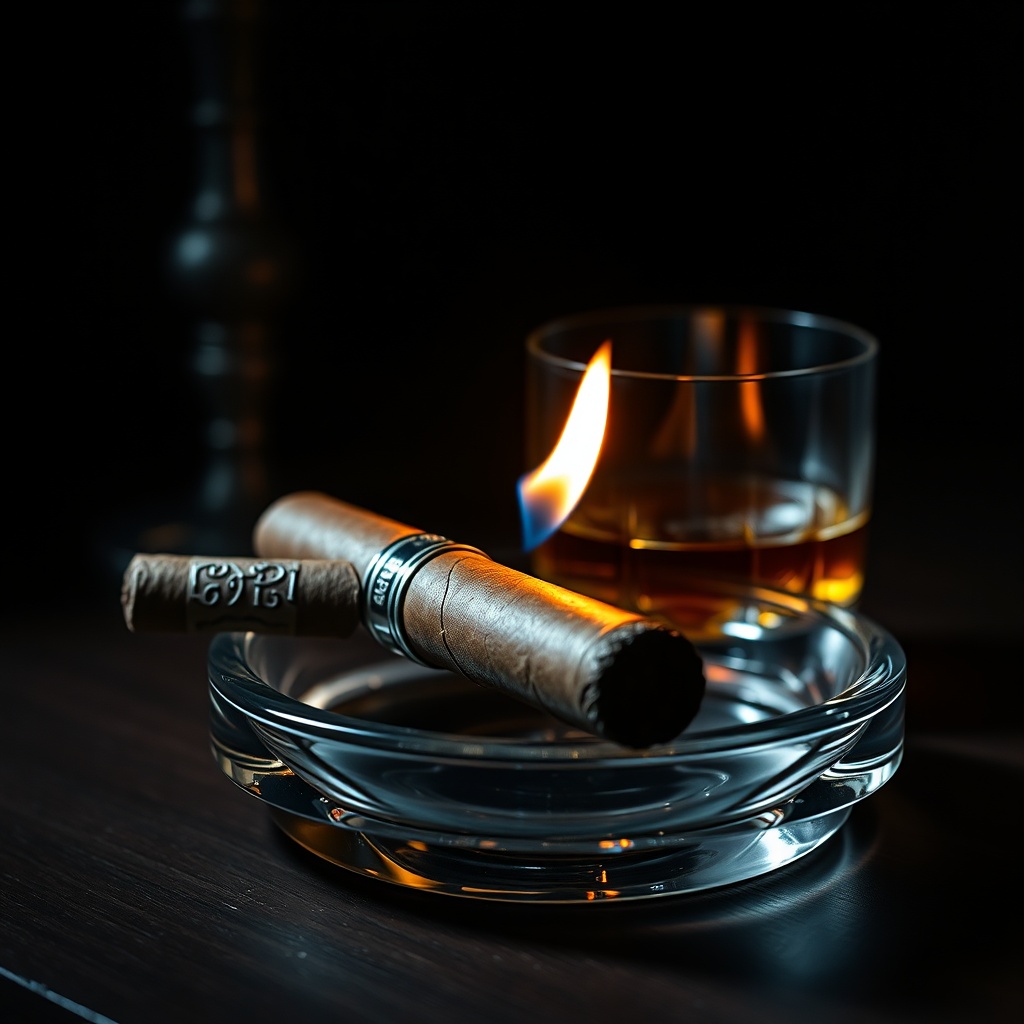 Lit cigar resting on an ashtray beside a whiskey glass