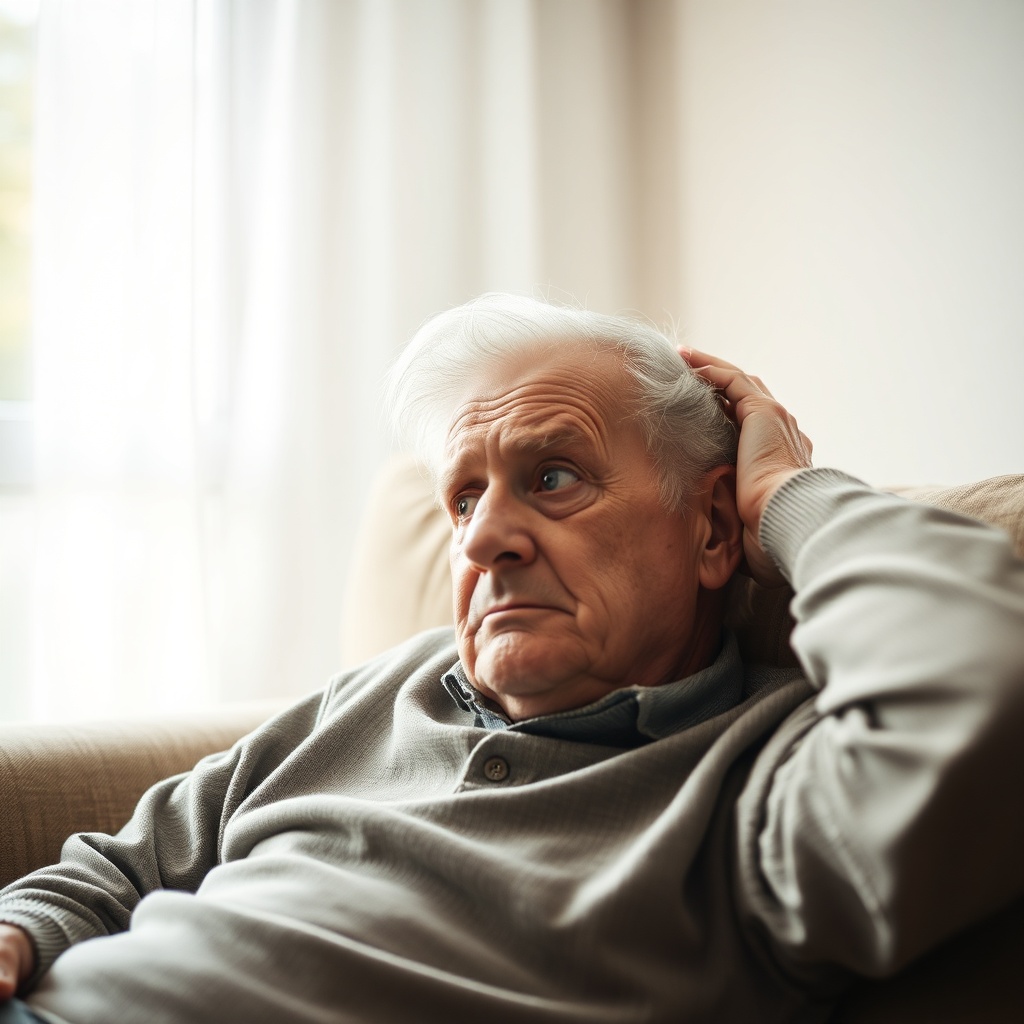 Elderly person looking exhausted on a sofa, mental fatigue concept, warm natural window light, docum