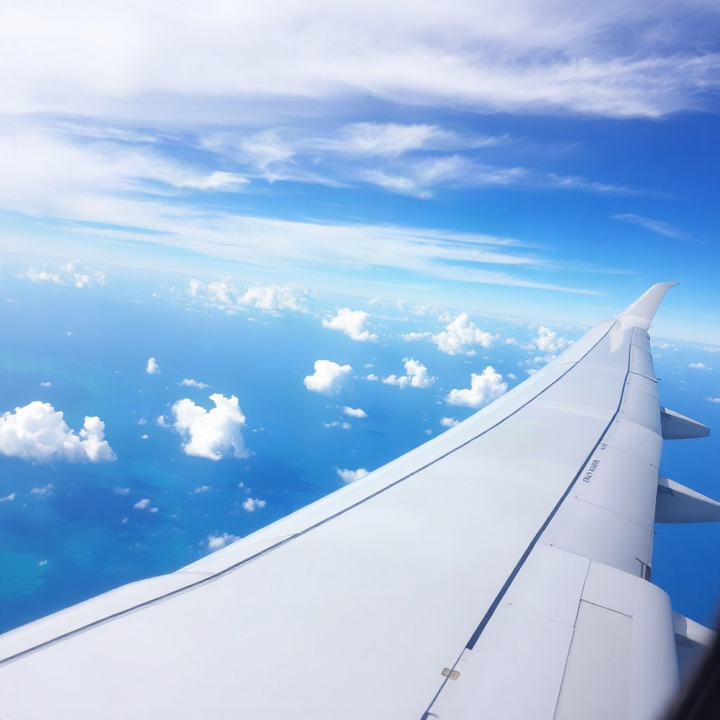 aerial view of airplane wing over bright blue ocean with white clouds, window seat perspective