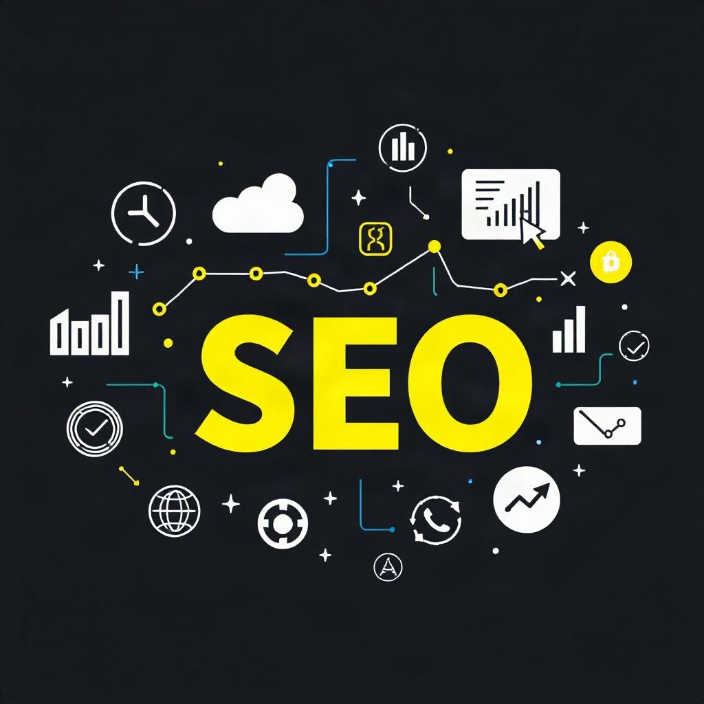 professional SEO blog post thumbnail with charts and digital marketing icons, high contrast editoria
