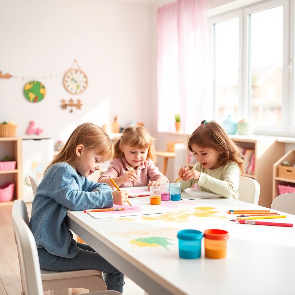 children doing creative arts and crafts in bright Scandinavian preschool, watercolor paint, pastel p