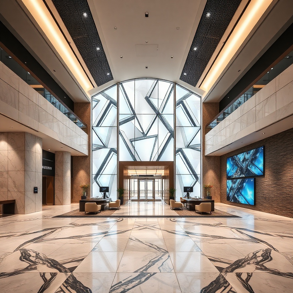 high-end modern corporate office with data dashboards and financial analytics screens