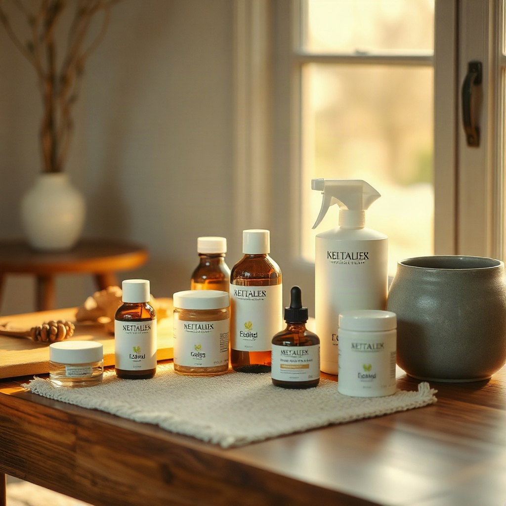 warm cozy lifestyle photography of home wellness products arranged on a wooden table, amber morning light