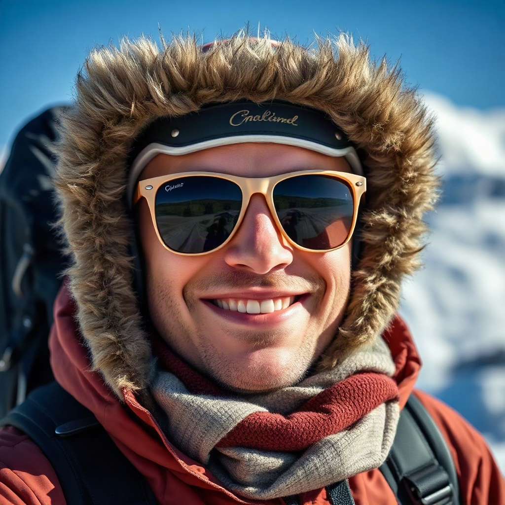 portrait of a happy traveler with sunglasses and winter gear