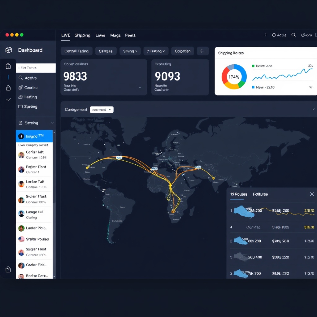 dashboard UI of a live broker lead feed with active shipping routes overlaid on a map, clean modern 