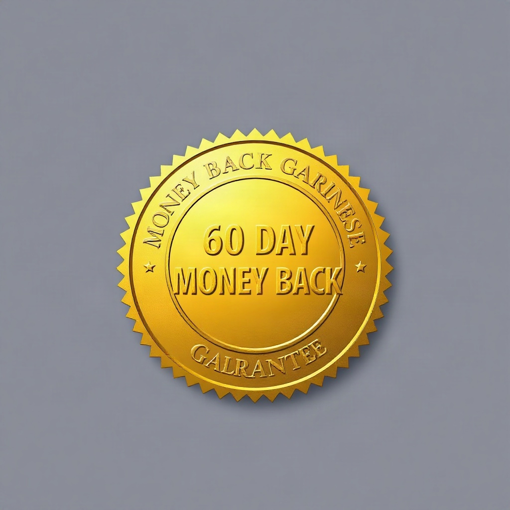 Circular gold money-back guarantee seal badge reading 60 day money back guarantee, embossed premium 