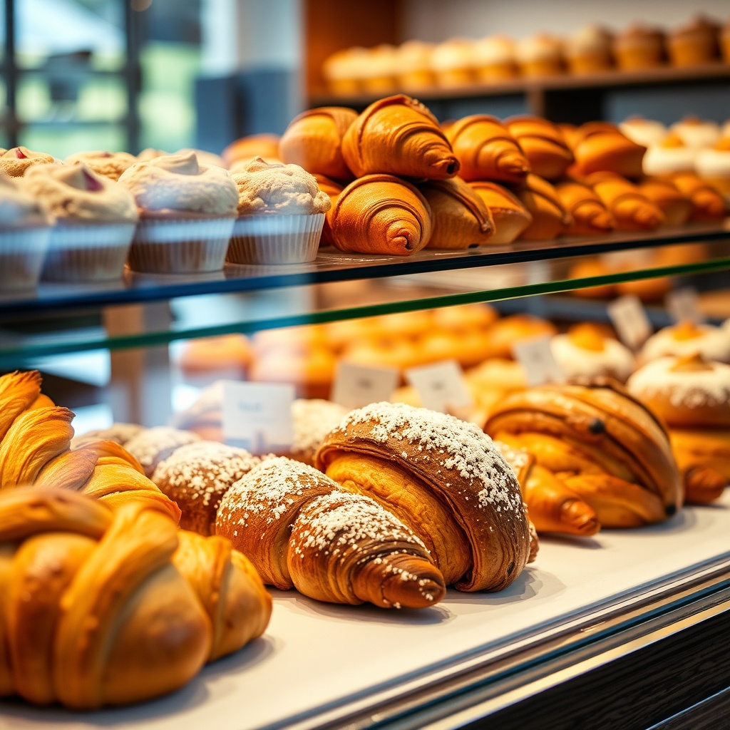 assorted fresh pastries croissants and muffins in a bakery display, warm lighting