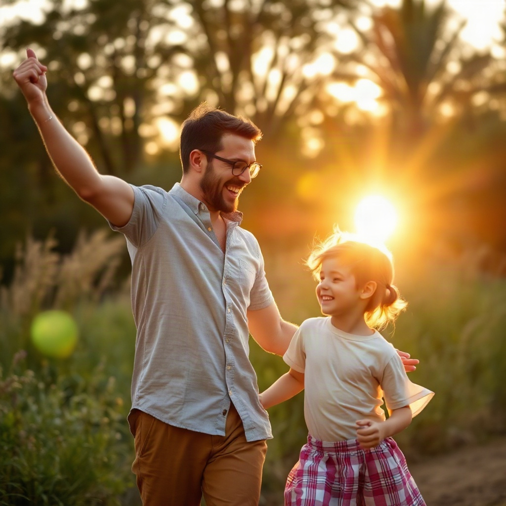 active man playing with children outdoors, golden hour lighting, high energy, joyful moment