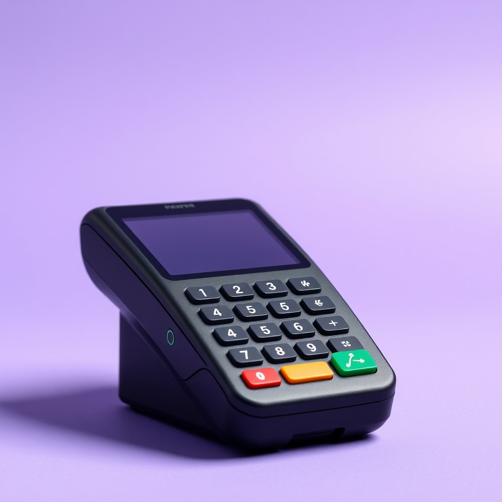 Physical sleek matte-black payment terminal device on soft lavender gradient background, studio prod
