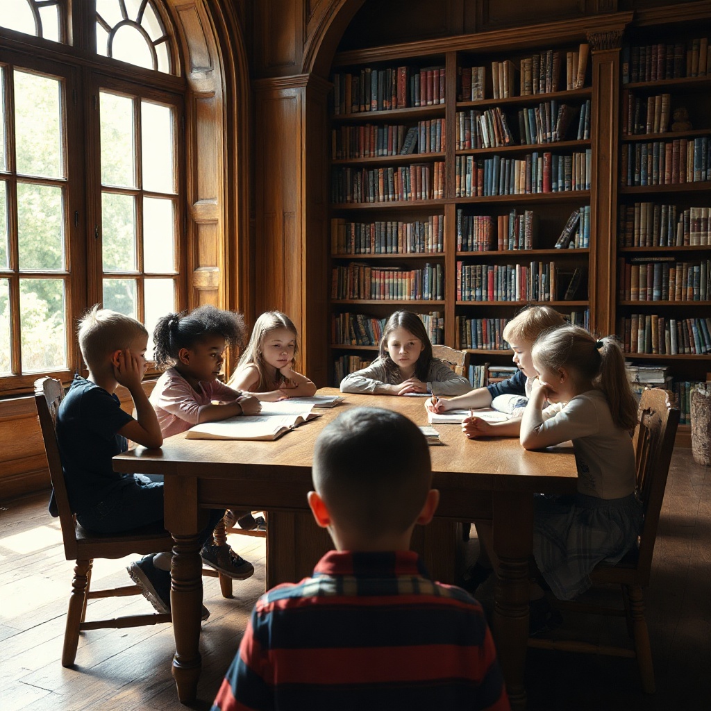 diverse group of children sitting at a wooden table in an old library, focused learning, natural lig