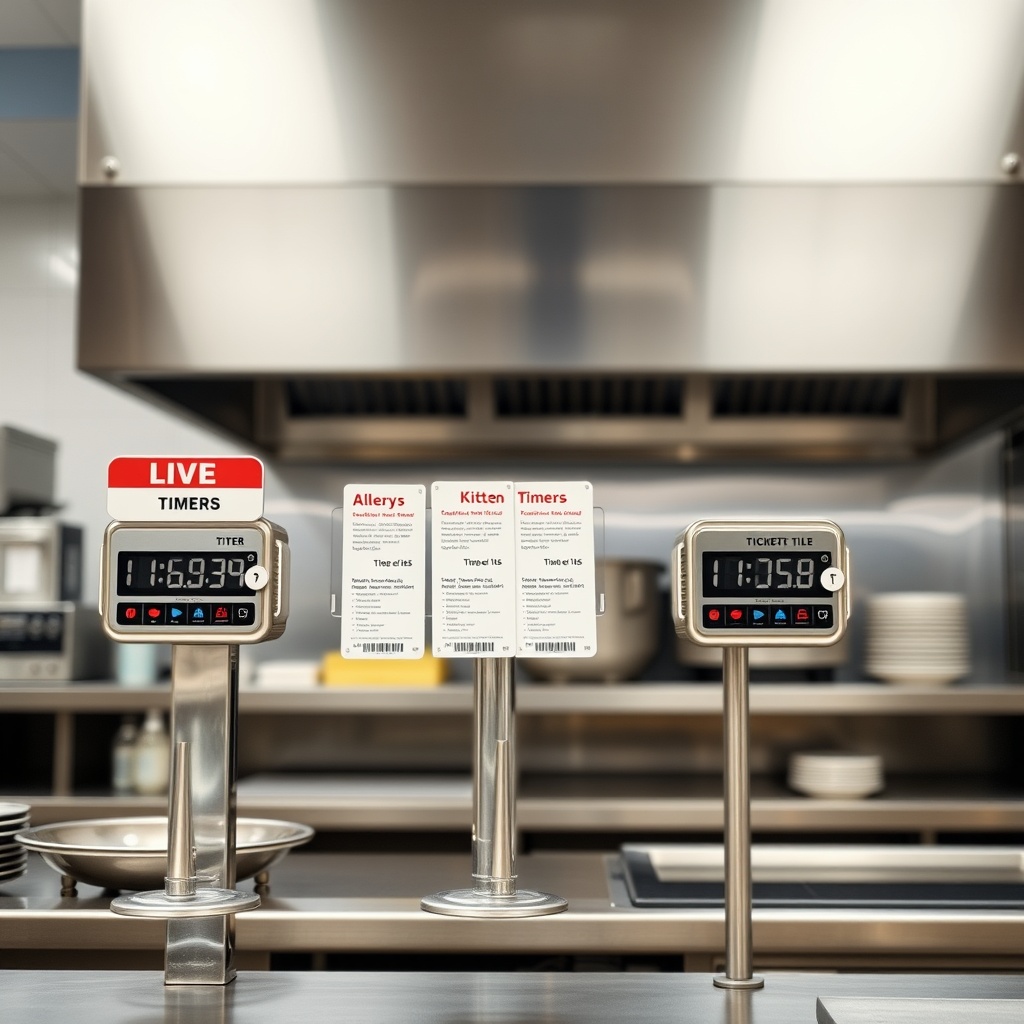 Kitchen display station showing live tickets with timers and allergy flags, professional industrial 