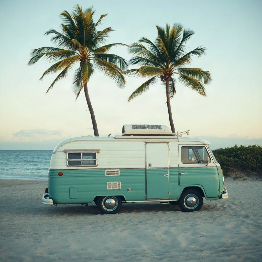 vintage travel van parked on a beach under palm trees