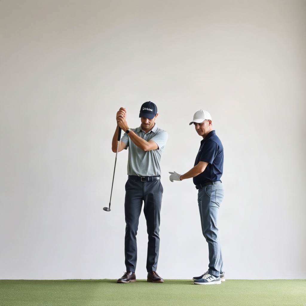 professional golfer instructing a student, minimalist clean composition, soft light