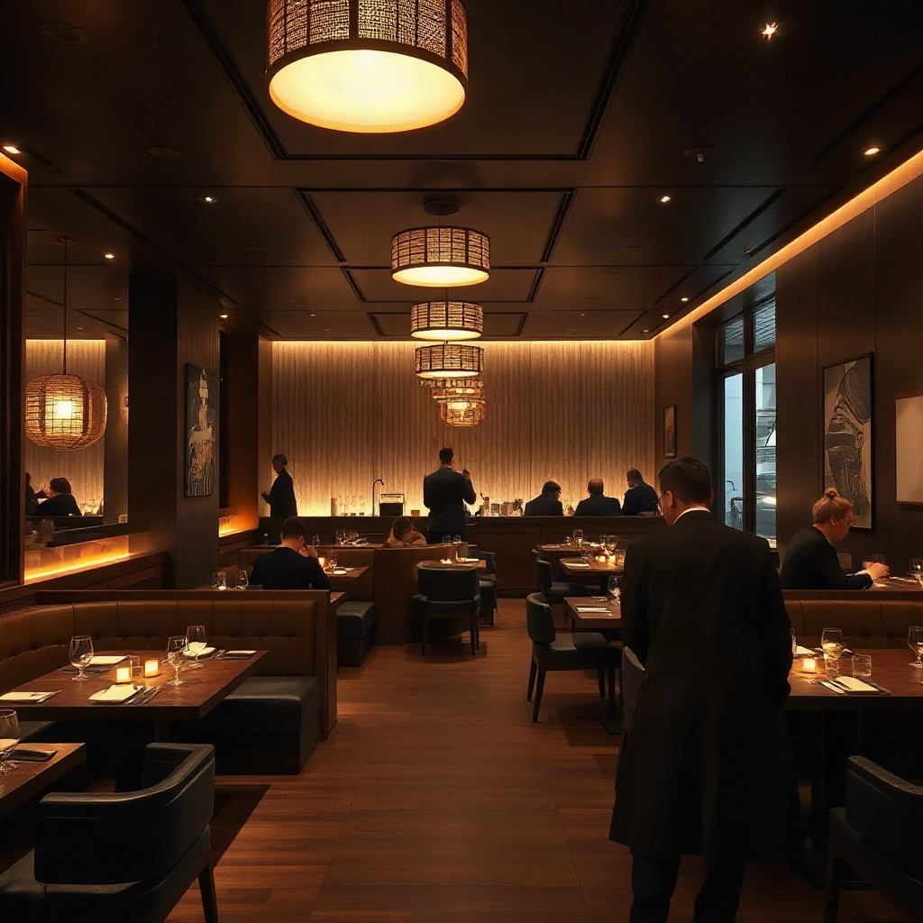 modern upscale japanese restaurant interior, dark wood furniture, warm moody lighting, people dining